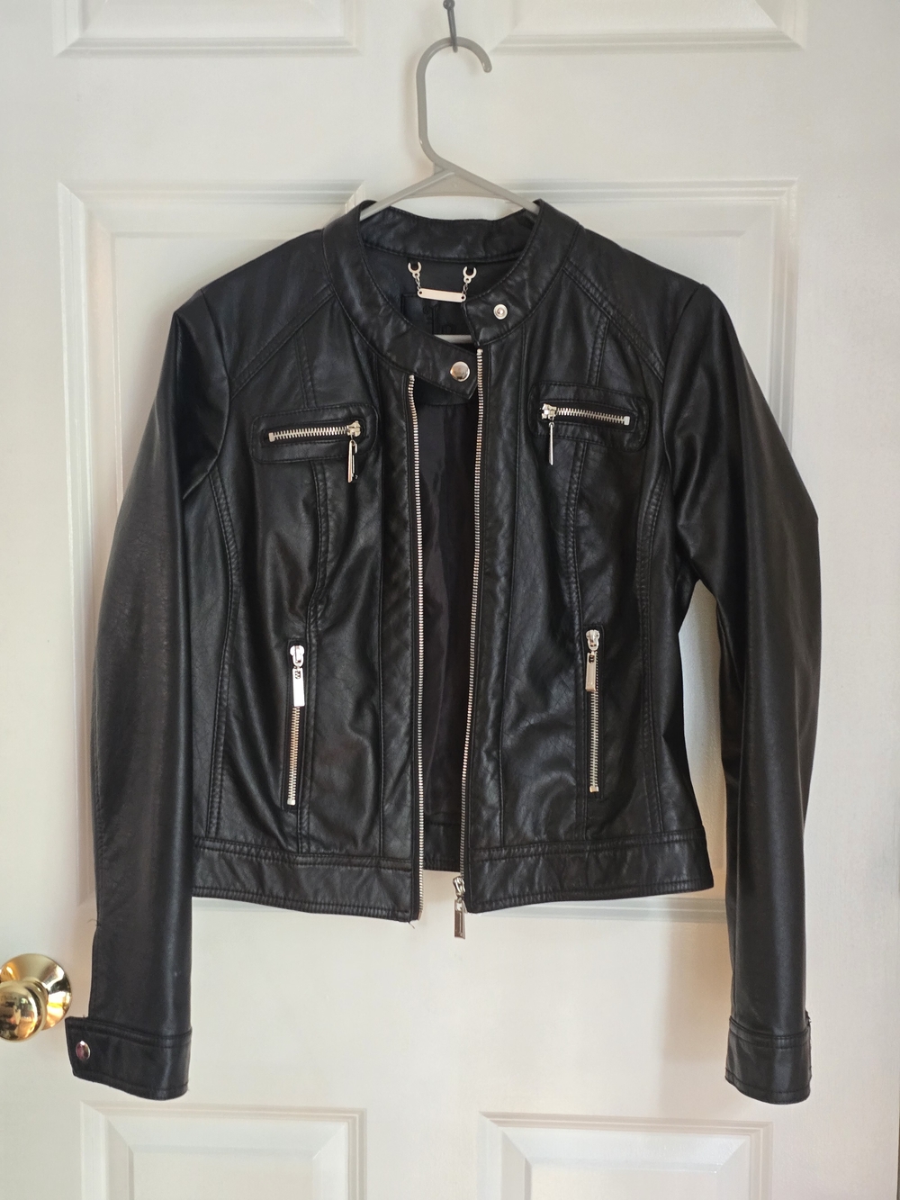 Women's Black Faux Leather Moto Jacket with Zip Pockets